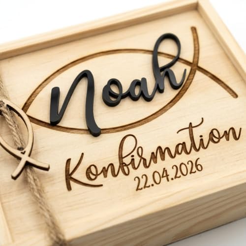 Wooden Box Personalised with Name and Date for Confirmation, Money Gift Box with Laser Engraving, Confirmation Gift Made of Pine Wood with Acrylic Lettering HB - View 6