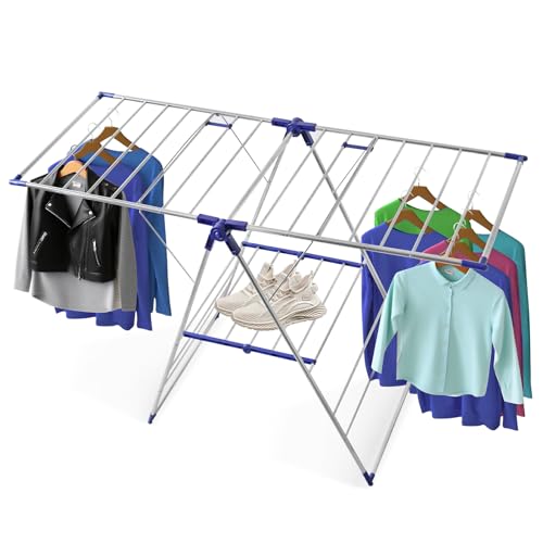 Mincham Foldable Gull-Wing Laundry Drying Rack, Adjustable Height Stainless Steel Clothes Airer for Indoor/Outdoor Use, No Assembly Needed