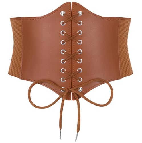 XZQTIVE Brown Corset Waist Belt for Women, Wide Elastic Tie Waspie Belt for Dresses 4.7inch