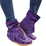 Onsoyours Bottes Courtes Rétro pour Femmes Vintage Fashion Casual Chaussures Plates Bottes d'automne et d'hiver Bout Rond à Franges Pompon Shoes Bottes A Violet 42 EU