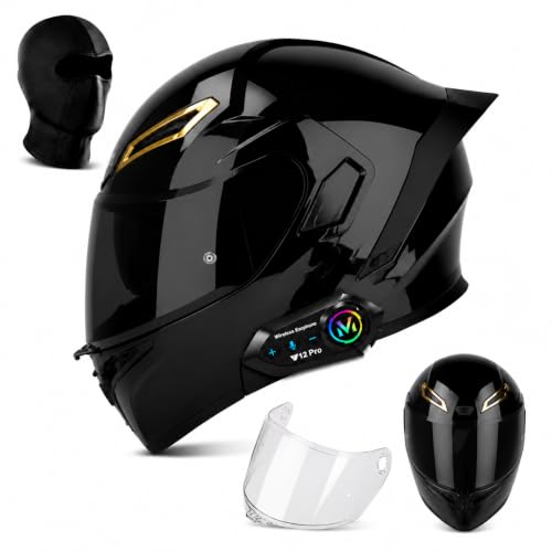 Glossy Black Bluetooth Motorcycle Helmet with Built-in Speakers & Microphone,