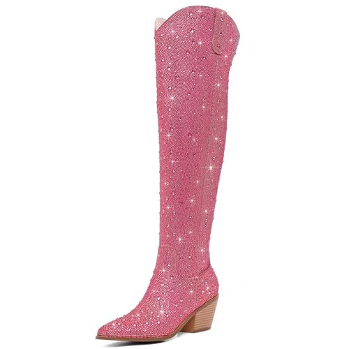 Image of Women Rhinestone Over the Knee Cowboy Boots, Sparkly Bling Cowgirl Boots Western Thigh High Boots Pull-On Side Zippers Chunky Heel Pointed Toe For Concerts, Music Festivals, Parties & Night Out