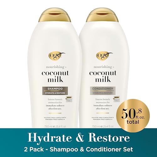 Image of OGX Shampoo and Conditioner Set, Nourishing + Coconut Milk, Shampoo and Conditioner for Moisturizing & Strengthening Hair Care, Formulated without Sulfated Surfactants, 25.4 FL OZ, 2 Pack