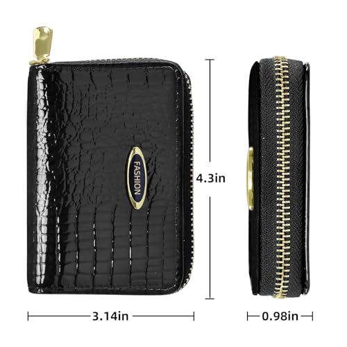ANEW Credit Card Holder for Women, Small Cute Wallet with Zipper, Card Hold Case Coin Purse, Patent Genuine Leather Wallet Card Case Credit Card Holder Coin Purse with Zipper for Women Ladie (Black)2