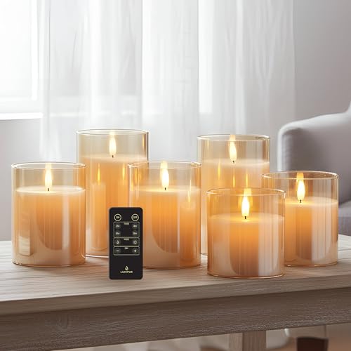 LumiPur Premium Design Series Glass Natural Glow Flameless LED Candle 6 Pack with Remote Control, 2 of Each 3.5" x 4” 5" 6", Gold