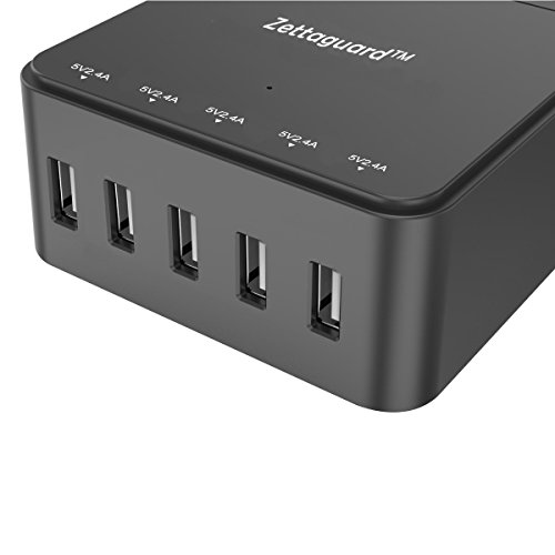 Zettaguard Mini 2-Outlet Travel Power Strip Surge Protector with USB Charger USB Charging Station (5-Port Smart, 40W/8A) and 5 Feet Power Cord, Black