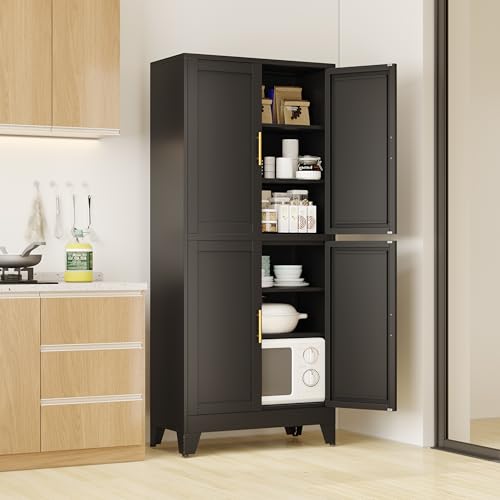 Image of 75 inch Tall Kitchen Pantry Cabinet, Black Metal Pantry Storage | Storage Cabinet with Doors and 3 Adjustable Shelves, Steel Storage, Bathroom cabinets Organizer, Cupboard for Home, Office
