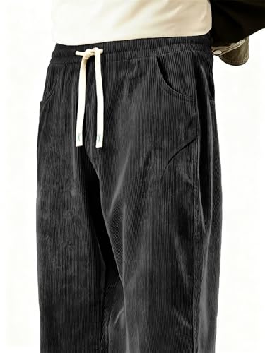 Elegant Seal Men's Corduroy Wide Leg Fashion Casual Pants Loose Fit Baggy Straight Sweatpants Elastic Waist Drawstring Black — view 3