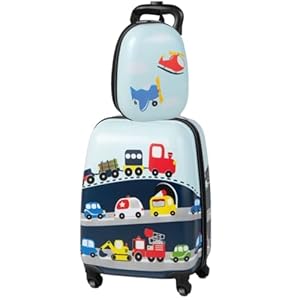 2 PCS Kids Luggage Set, 16 Inch Children Carry on Suitcase with 12 Inch Backpack, Adjustable Handle and Smooth Wheels, Hard Shell Boys Girls Trolley Case for Travel School (Cars, Blue)