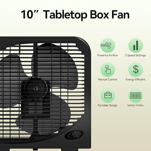 shinic 10\" Tabletop Box Fan for Bedroom, 2 Speeds, Quiet Table Fan with Strong Airflow, Energy Efficient Small Box Fan, Portable Kitchen Exhaust Fan for Bedroom Bathroom Office Dorm Workshop, Black - Thumbnail 4