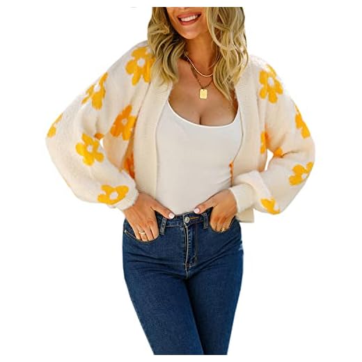ECOWISH Women's Cardigan Sweaters - Floral Knit Open Front Crop Cardigans Long Sleeve Sweater Outwear Tops Beige M