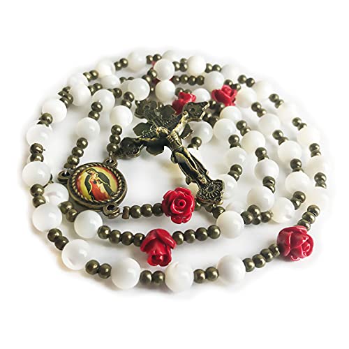 Our Lady of Guadalupe Mother of Pearl and Red Rose Rosary - Catholic Rosary - Rosarios Catolicos - Catholic Gifts Women - Regalos Catolicos Para Mujer