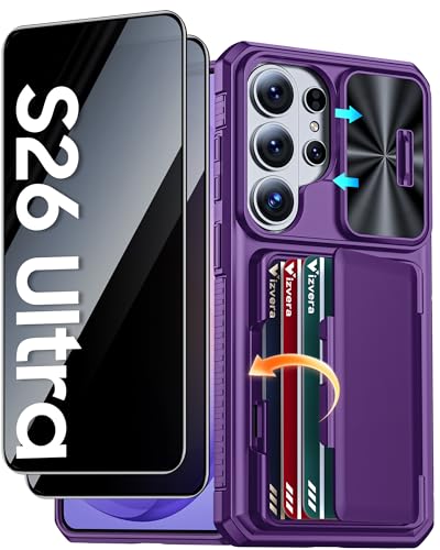 Vizvera for Galaxy S26 Ultra Case with 2 Pack Privacy Screen Protector[RFlD Card Holder][Camera Cover] Shockproof Silicone Protective Phone Case for S26 Ultra 2026