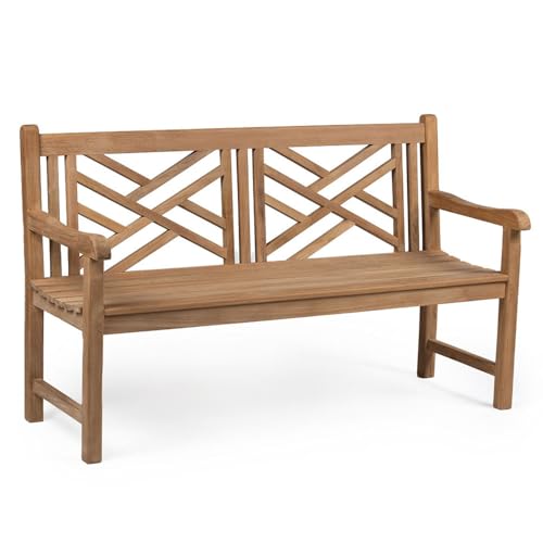 Ash & Ember Summit Grade A Teak Bench, Seats 2 People Comfortably, Weather Resistant Indoor Outdoor Solid Wood Patio Furniture with Tightly Spaced Slats, Bowed Back, Armrests (5')