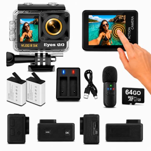 Eyes GO 5K26 - Caméra Sport 5K30fps 4K60FPS 120FPS - 31 Accessoires - Photo 50MP - 2 Ecrans Tactile Vlog - Télécommande Micro 360° - Stabilisateur E.I.S 2.0 Étanche 30M - Carte SDXC 64GO - 2X1350mAh