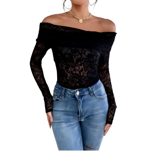 Women’s Off Shoulder Lace Ruched Tops Long Sleeve Slim Fit Blouses Shirts 2026 Going Out T-Shirt (US, Alpha, Large, Regular, Regular, Black)