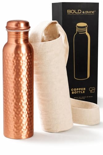 Bold & Divine Premium 32oz Pure Copper Hammered Water Bottle for Drinking - Ayurvedic Health Benefits - Handcrafted Copper Water Vessel - Leak-Proof Design, Rust-Free - Bonus Canvas Carry Bag