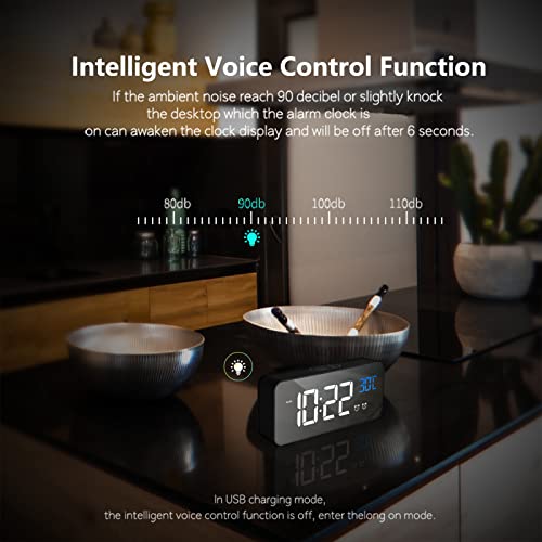 LATEC Digital Alarm Clock with Big LED Temperature Display, Bedside Clock with 10 Alarm Sounds, 4 Levels Adjustable Brightness Dimmer, Snooze, Portable Mirror Alarm with Dual Alarm