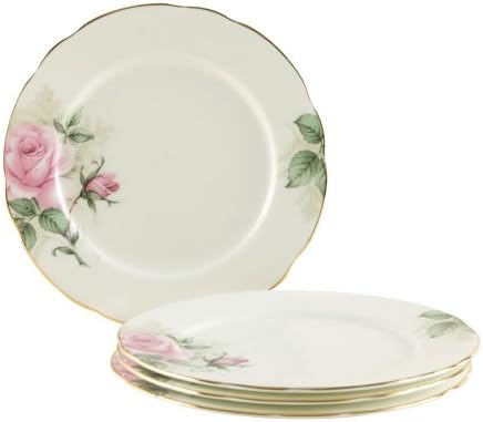 Gracie Bone China 7-1/2-Inch Dessert Plate, Pink Green Rose Bouquet, Set of 4, Gold Trimmed