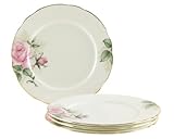 Gracie Bone China 7-1/2-Inch Dessert Plate, Pink Green Rose Bouquet, Set of 4, Gold Trimmed