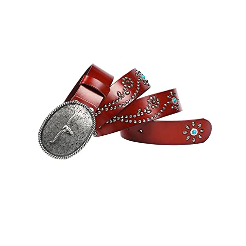 RGWYGCG Cinturón para hombre, cinturón de remache, rectangular, con hebilla de cuerno largo, hebilla de cinturón, capa de cabeza, cinturón de cuero vacuno, Castaño Rojizo, 110 cm