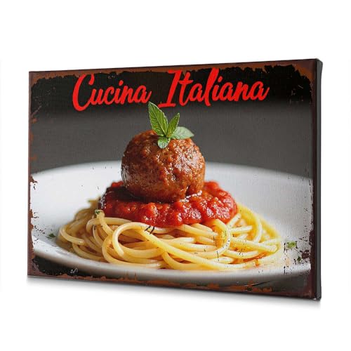 Tableau spaghettis boulettes sauce tomate 20x30 cm idéal pour décorer une cuisine rustique