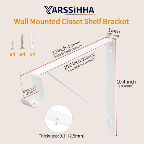 Yarssihha 2 Pack Closet Rod Bracket, 12 x 10.4 Inch Wall Mounted Closet Shelf Bracket, White Closet Rod Support Bracket with Screws by Yarssihha - Used condition - Image 2