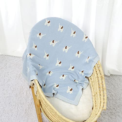 Hadetoto 100% Cotton Baby Blanket Knit Soft Cozy Swaddle Receiving Blankets Toddler Infant Blanket With Lovely Elephant For Newborn Boy Girls - Light Blue, 90 X 70Cm #TOP4