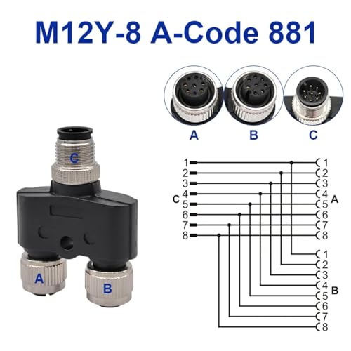 Conector M12 en Y de 8 pines macho a doble hembra para sensor industrial codificado A 2
