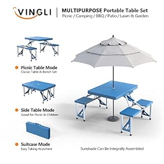 VINGLI 4 Ft Camping Picnic Table Set with 4 Seats with Umbrella Hole Folding Lightweight Suitcase Card Table-220 Lbs Support Aluminum Frame, Plastic RV Tabletop for Barbecue,Travel,Outing,Gathering