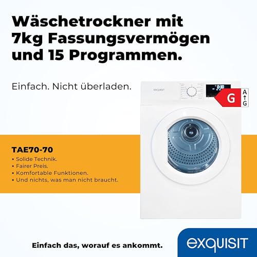 Exquisit Wäschetrockner 7kg, Trockner, Startzeitvorwahl, Knitterschutz, Ablufttrockner, 15 Programme, Kindersicherung, Energieklasse G, TAE70-70 weiss