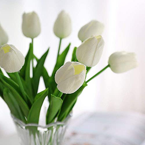 Kisflower 30Pcs Latex Tulips Real Touch White Artificial Flowers Fake Tulips Arrangement Bouquet For Home Office Wedding Decor (White) #TOP1