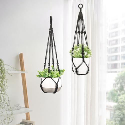 Image of Mkono 3 Pack Macrame Plant Hangers Hanging Planters for Indoor Plants Black
