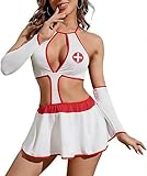 HOTSO Sexy Conjunto de Enfermera Lencería para Mujer, Picardías Trajes Cosplay Costume Uniforme Disfraz Outfits Ropa de Dormir Juego de Rol Camisón con Mangas Pijiama para San Valentin