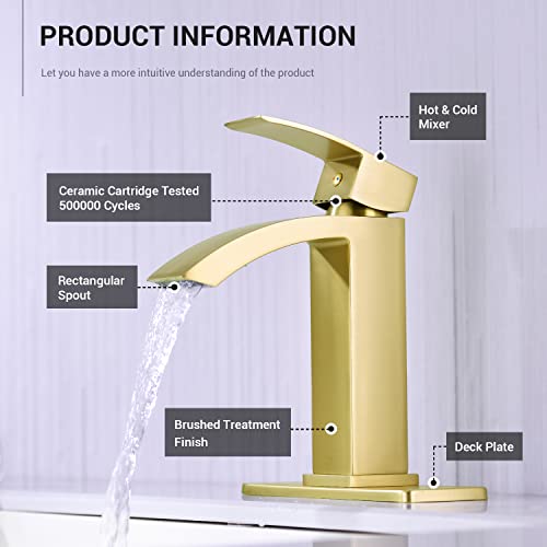 Brushed Gold Waterfall Bathroom Faucet Single Handle Waterfall Vanity Sink Faucet With Cupc Water Supply Hoses Pop Up Drain Assembly And 6-Inch Deck Plated, Matte Gold #TOP1