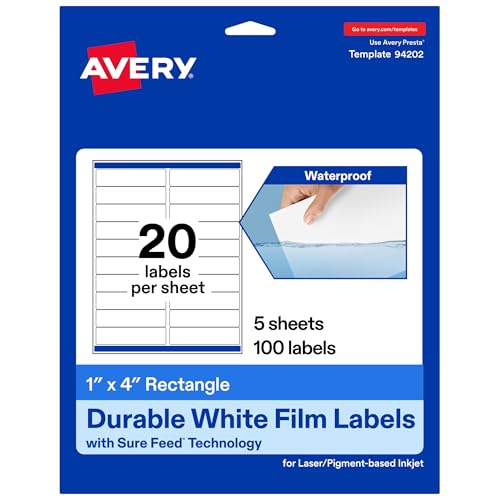 Image of Avery Durable Waterproof Rectangle Labels, Sure Feed Technology, 1" x 4", 100 Total, Oil and Tear-Resistant, Waterproof, Laser/Pigment-Based Inkjet Printable