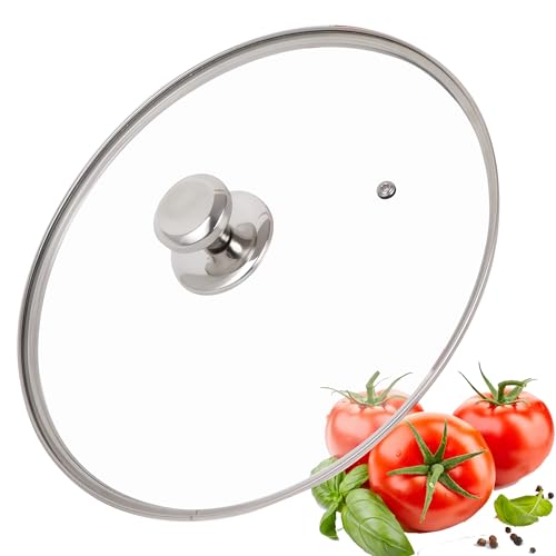 DIIG Coperchio per padella 26 cm, coperchio in vetro con bordo in acciaio inox, coperchio con pomello in metallo, coperchio universale per pentola e padella, resistente al calore