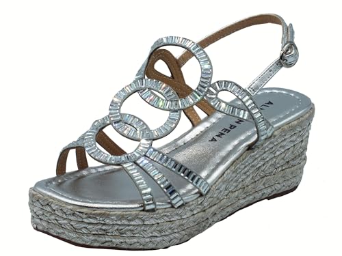 Alma en Pena V2551454 Luna Silver - Sandalias elegantes para mujer con brillantes plateados de cuña alta, plateado, 39 EU