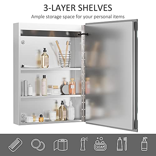 kleankin Dimmable LED Lighted Medicine Cabinet with Mirror, Wall-Mounted Bathroom Cabinet with 3-Tier Storage Shelves, Single Door, Smart Touch, Plug in kleankin Dimmable LED Lighted Medicine Cabinet with Mirror, Wall-Mounted Bathroom Cabinet with 3-Tier Storage Shelves, Single Door, Smart Touch, Plug in