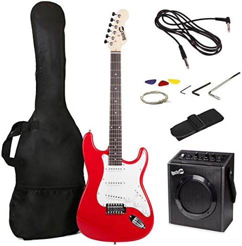 RockJam Electric Guitar Superkit with 10-watt Amp, Gig Bag, Picks & Online Lessons 6 String Pack, Right, Red, Full (RJEG03-SK-RD)