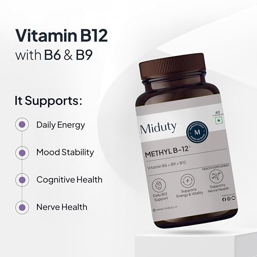 Image of Miduty Vitamin B12 Supplement - Bioactive B-Complex with B6, B9, B12 - Daily Energy Support - Triple Formula for Mood, Brain & Nerve Support - Fast Absorbing Chewable - 60 Veg Tablets
