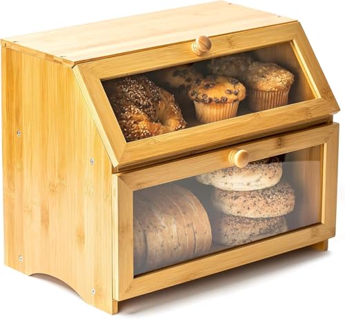 TINMAGI Caja de pan de bambú, Doble Madera de Almacenamiento con Ventana Transparente, Panera madera para guardar el pan, 39.5 x 25 x 32 cm