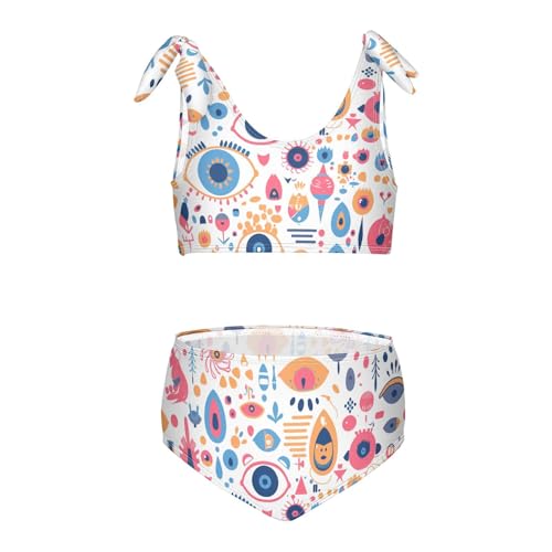 Abstract Evil Eye White Girls Two Pieces Kids Bikini Set Beach Swimsuit Swimwear Adjustable Shoulder Strap