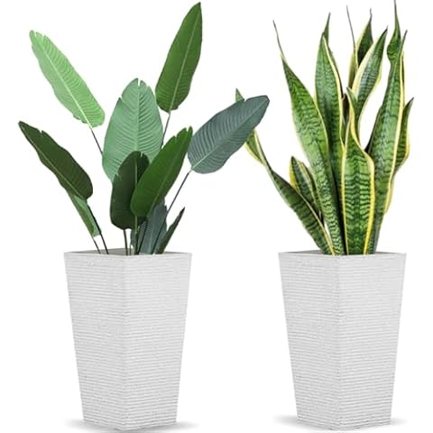 Megawodar 2 Pcs Pack Heavy Duty Plastic Resin Tall Tapered Planter Pots Large Square Planter Flower Pot with Drainage Holes for Indoor Outdoor Deck Porch Garden Home Patio Front Door (White, S) Cover