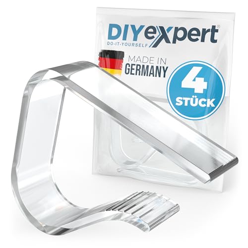 DIYexpert Tischtuchklammern Transparent Made in Germany [bis 45 mm] [4 Stück] Stabile Tischdeckenklammern – Wetterfest & rutschfest – Tischklammern für Garten, Balkon & Innenbereich