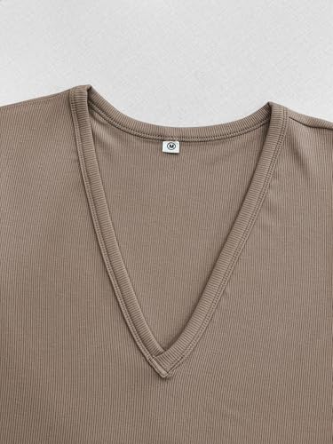 Image of Albe Rita Women Short Sleeve T-Shirt Cap V Neck Shirts for Women Ribbed Casual Top Knit Slim Fit for Summer