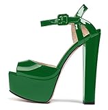 SAMMITOP Women's Platform High Block Heel Sandals Peep Toe 150mm Chunky Heels Buckle Ankle Strap Wedding Party Dress Shoes Green US10