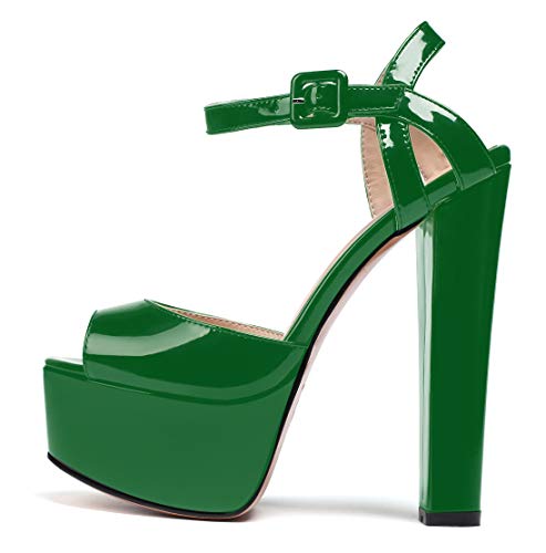 SAMMITOP Women's Platform High Block Heel Sandals Peep Toe 150mm Chunky Heels Buckle Ankle Strap Wedding Party Dress Shoes Green US10