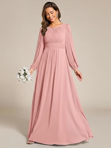 Image of Ever-Pretty Women's Crewneck Long Lantern Sleeves Floor Length A-Line Pleated Chiffon Formal Dress 0106B