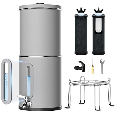 Purewell 2.25G Gravity Water Filter System with Water Level Window, 3-Stage 0.01?m Ultra-Filtration Stainless Steel Countertop System with 2 Filters and Stand, Reduce 99% Chlorine, PW-KS